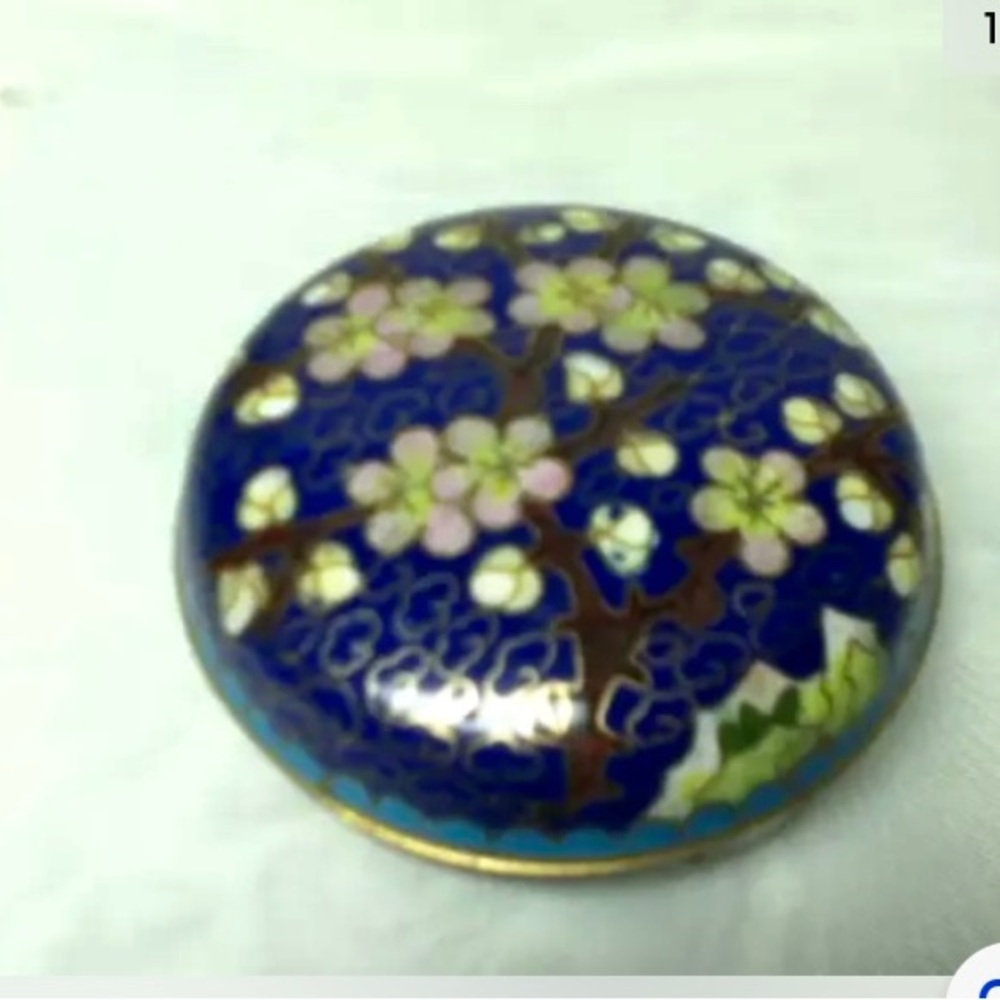 Vintage, Elegant, Cloissone Cherry Blossoms Round Trinket Box  2.5in x 1.5in